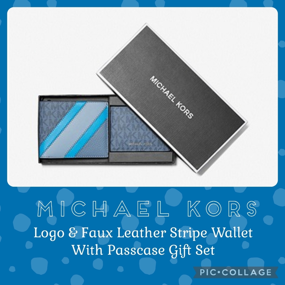 MICHAEL KORS MENS Logo & Faux Leather Stripe Wallet With Passcase Gift Set